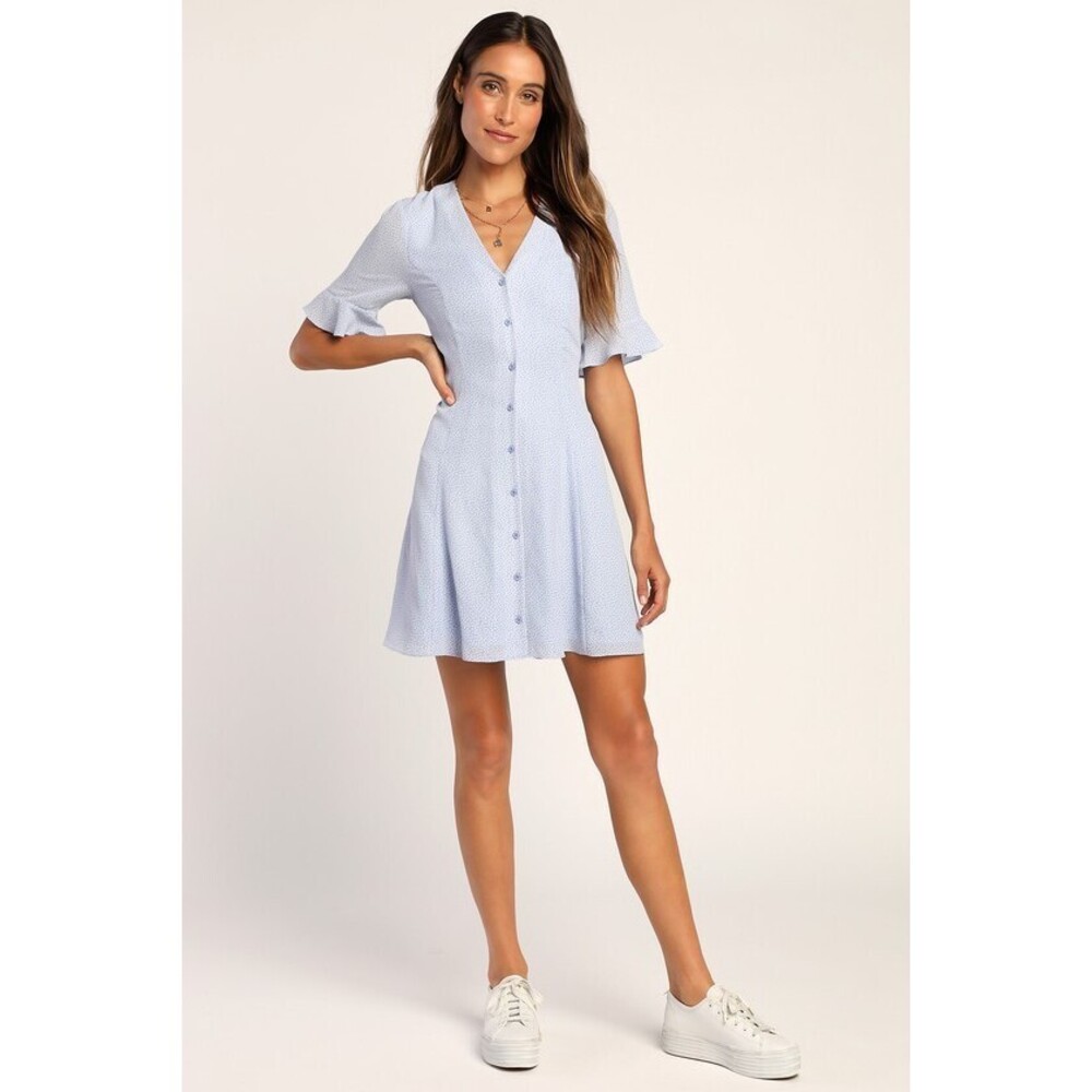 Lulus Castana Light Blue Print Button-up Dress - Size M